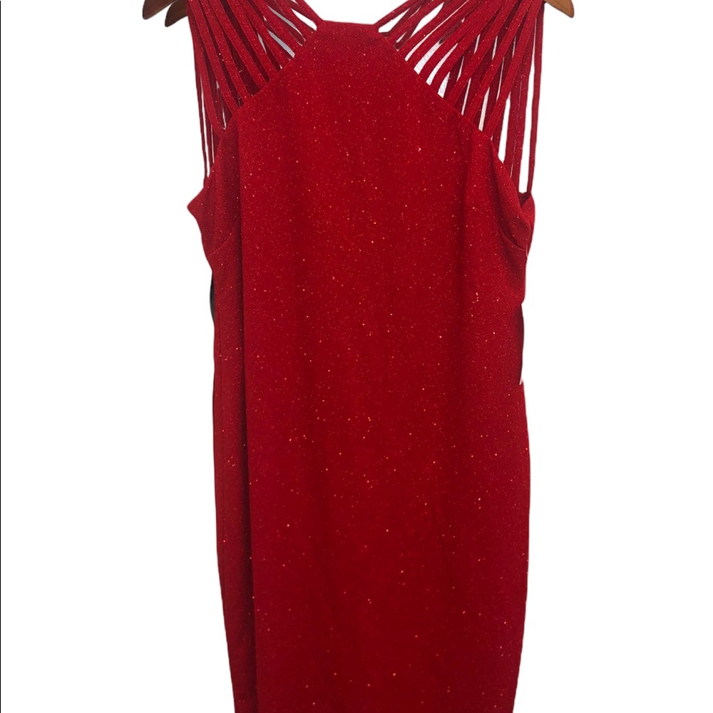 Bisou Bisou strappy neck metallic red sheath dress